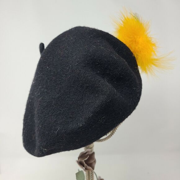 Vintage Yellow Feather Womens Black 100% Wool Basque Beret Christina NYC Artsy main image 4